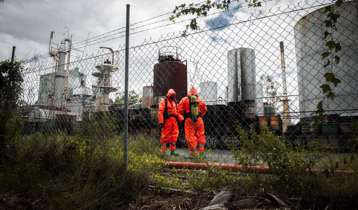 NSW Fire and Rescue Hazmat officers at the Truegain site following reports of a leak in 2017. Picture: Perry Duffin
