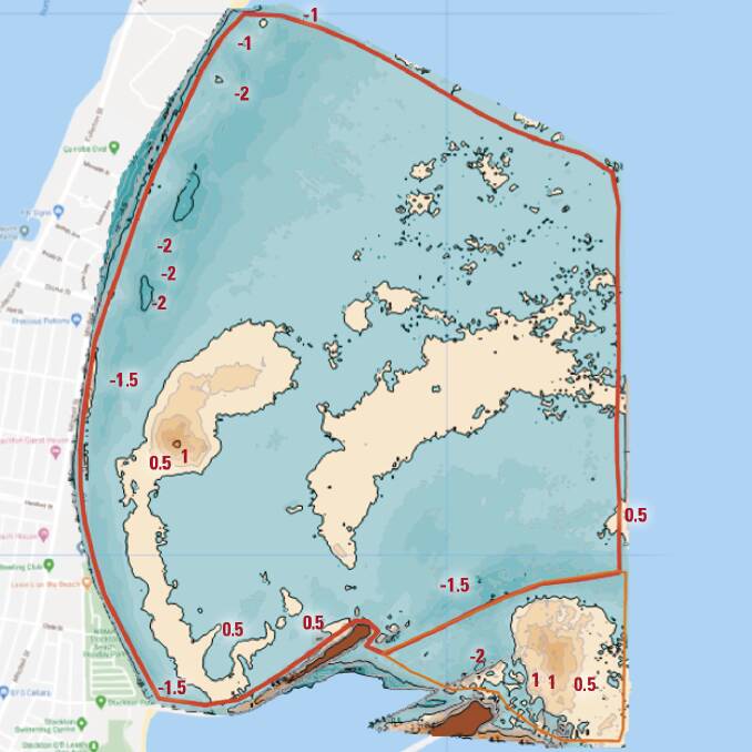 Difference in Stockton seabed surface height between 2000 and 2018. Measurements show sand gain and sand loss. Dr Taggart said it shows the David Allen dredge spoils moving south along the beach, turning at the breakwater and headed out along the wall via drainage channels. Supplied: Anditi