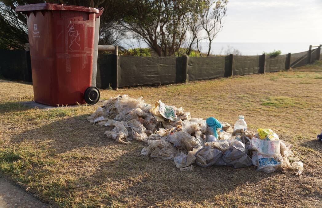 FILTHY: Rubbish collected from a small section of Stockton beach in less than an hour on Tuesday. Picture: Matt Power