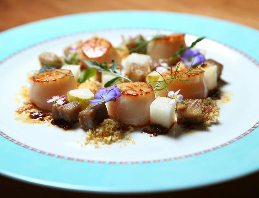 PLUMP AND PRETTY: The seared Tasmanian scallops with pork belly pieces. 