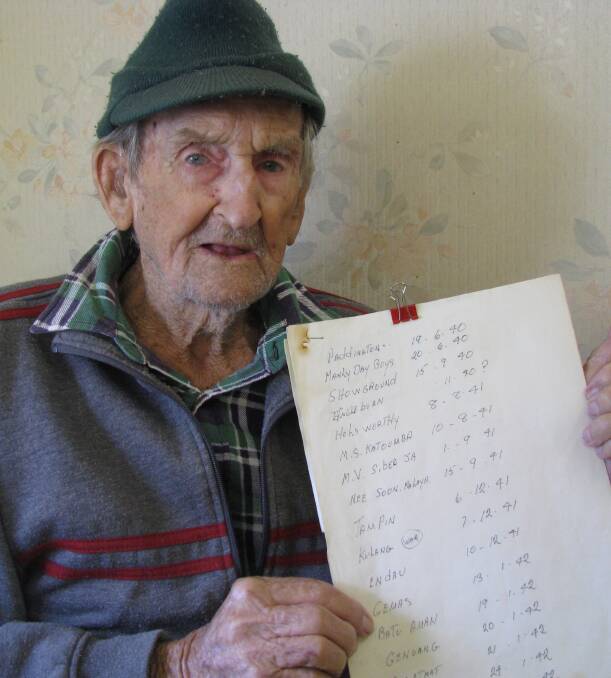 Nightmares: POW railway survivor John Tarrant, 98 years, shows the list he compiled of his World War II tour of duty, including prison camps.