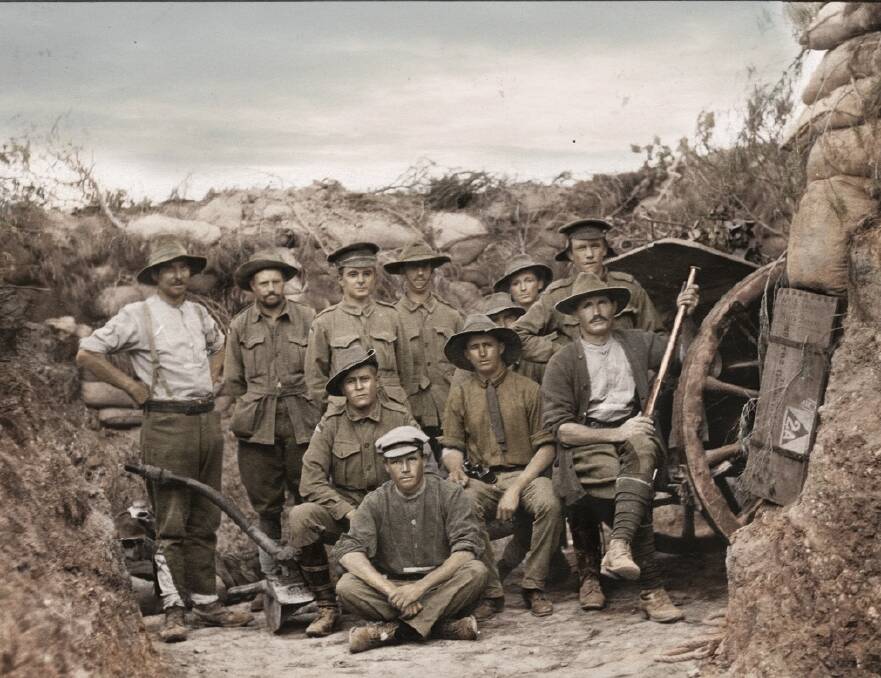 GALLIPOLI: Members of the 2nd Light Horse Regiment in front of an 18 pounder field artillery gun. Photo: The Digger's View - WW1 in Colour by Juan Mahoney.