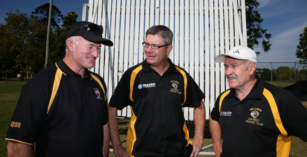 COMEBACK: Steve Storey (centre), pictured with fellow Sheffield Shield representatives Greg Geise and Kerry Thompson in 2013, has returned to captain a depleted first grade team at Wallsend. Picture: Ryan Osland.