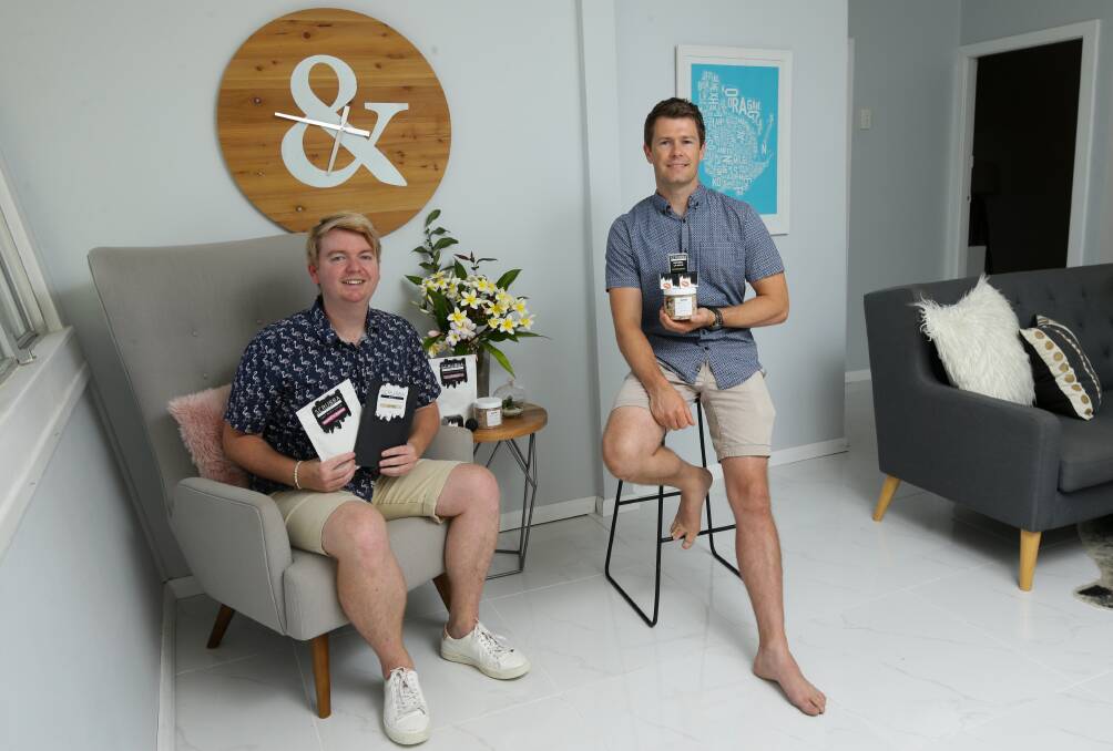 Body and soul: Josh Lawlor, left, and his partner Jason Moore make their all-natural Scrubba Body products at home and are looking to expand their manufacturing. Picture: Jonathan Carroll