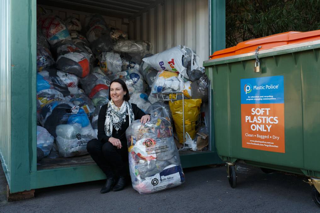 Circular economy: Samantha Cross founded the Plastic Police program, which is taking soft plastics from Hunter schools, businesses and councils and recycling them into products including Plastiphalt. Picture: Max Mason-Hubers MMH
