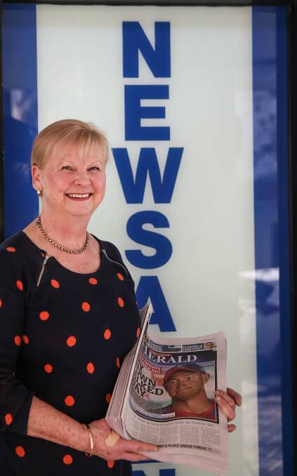 Making the news: Lyn Lowe is closing the Hunter Street, Newcastle CBD Newsagency on September 1. Picture: Marina Neil