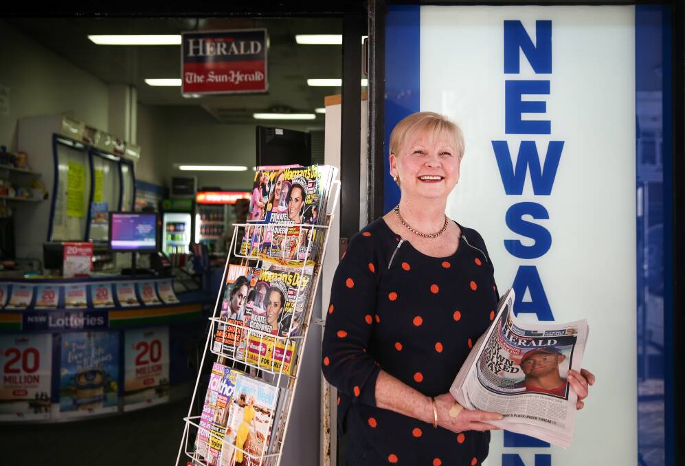 Stop the press: "My son says he is getting his mother back," says Lyn Lowe, outside the CBD Newsagency in Hunter Street. Picture: Marina Neil. 