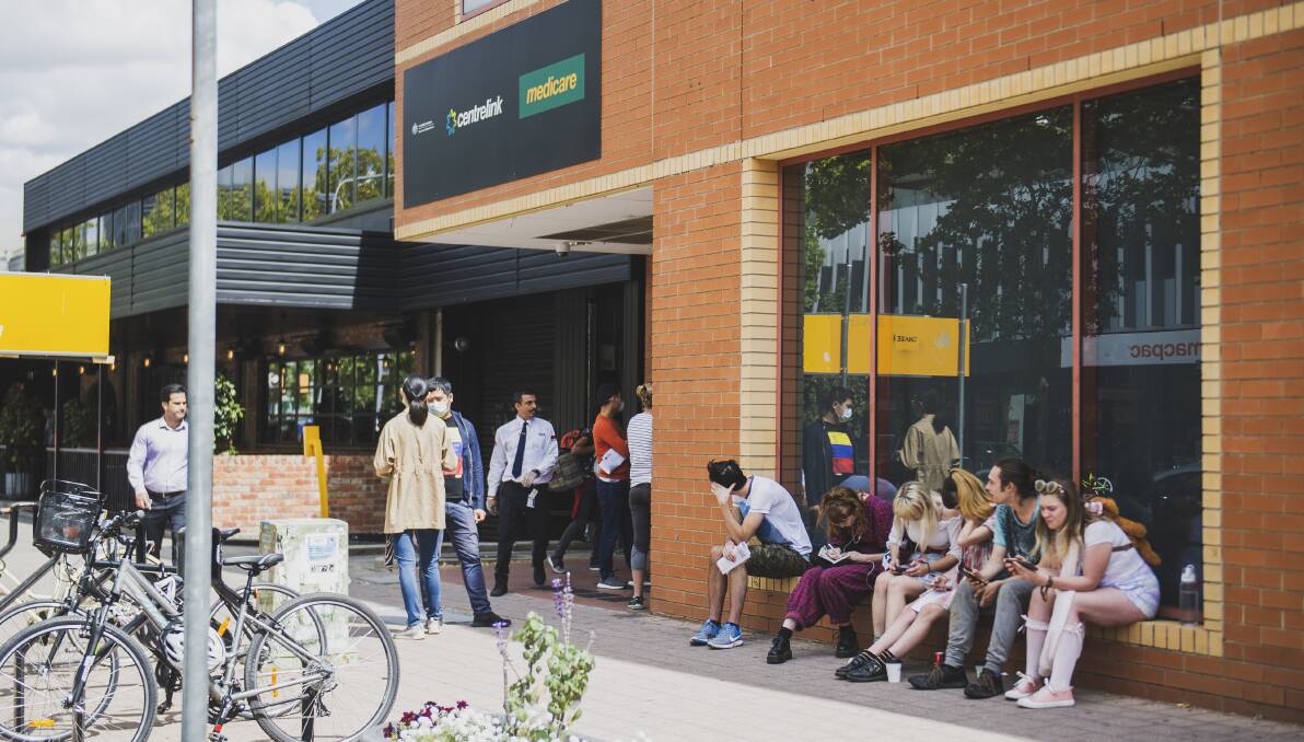 The line outside Centrelink in Braddon in March 2020. Picture: Dion Georgopoulos