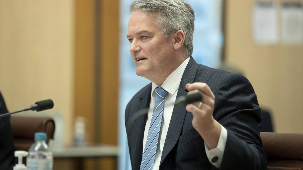 Finance minister Mathias Cormann at a senate committe on the government's COVID-19 response on Tuesday. Picture: Sitthixay Ditthavong -THE CANBERRA TIMES, ACM