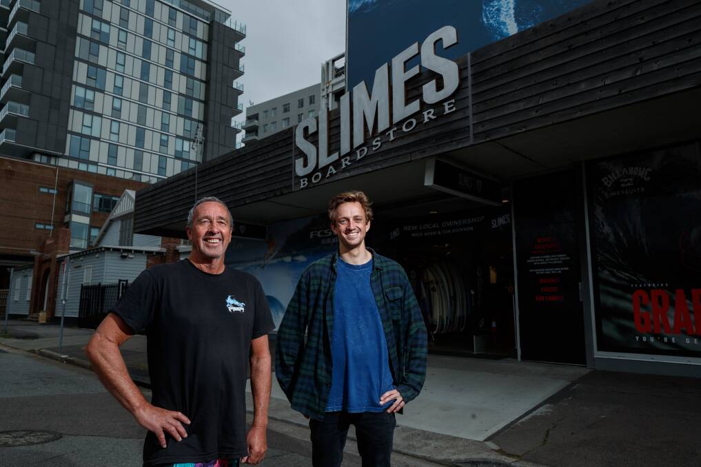 On same wavelength: Mick Adam and Tim Dickson have bought iconic Newcastle surf store Slimes Boardstore. Picture: Max Mason-Hubers 