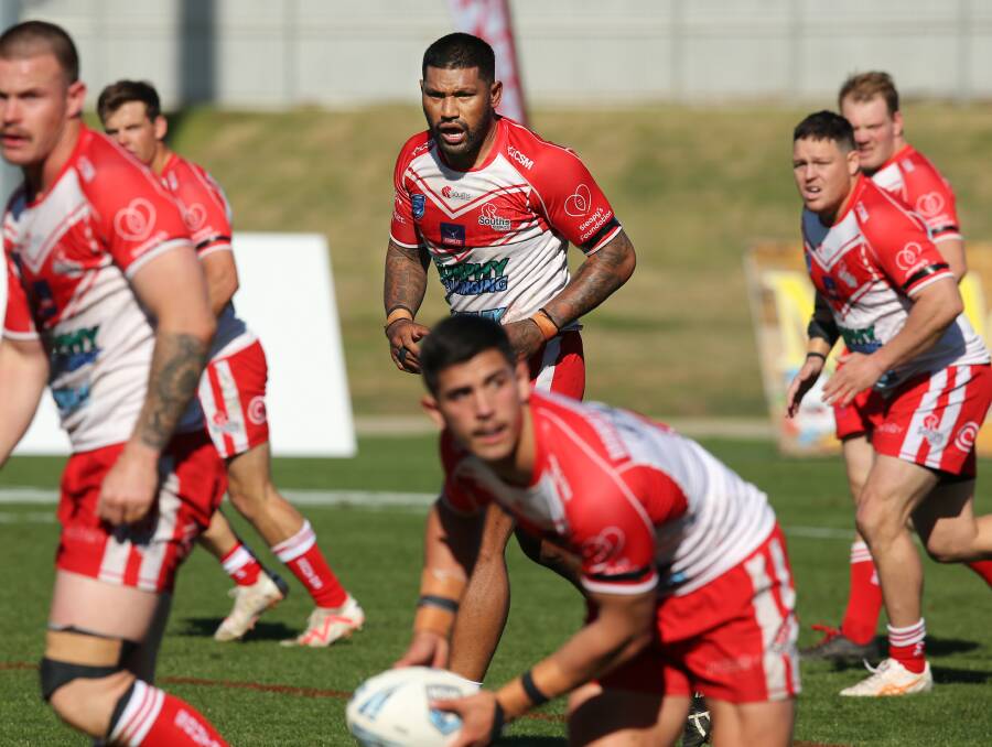 Souths pair Frank-Paul Nu'uausala (back) and Mitch Black (front) playing Newcastle RL in 2023. Picture by Simone De Peak