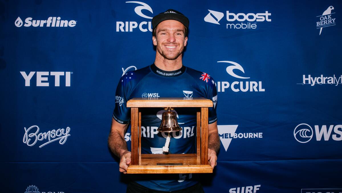 Merewether's Ryan Callinan with his runner-up trophy at Bells on Tuesday. Picture World Surf League