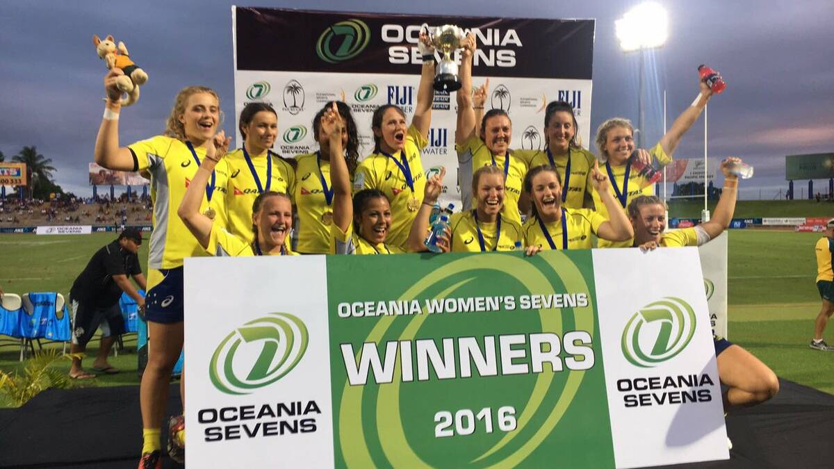 SUCCESS: Cameron Park's Hannah Southwell (back row far left) with the Australian women's sevens team after claiming the Oceania Championships in Fiji on Saturday. Picture: Twitter.