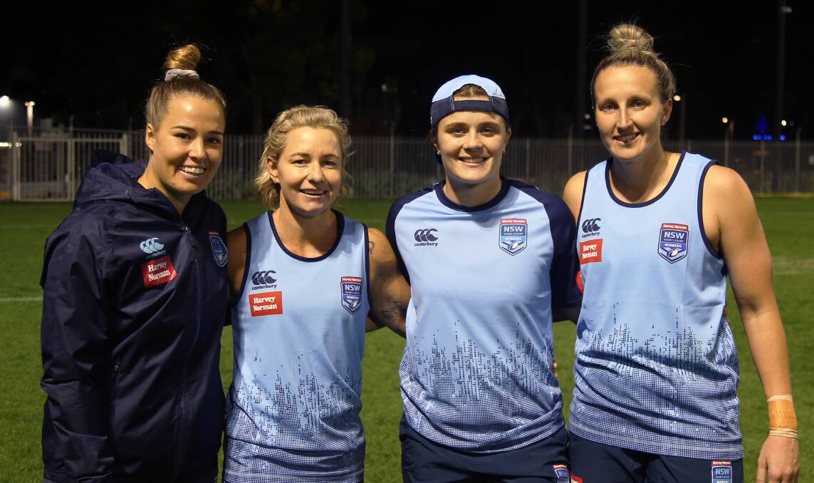 BLUES: CRL Newcastle quartet Isabelle Kelly, Kylie Hilder, Hannah Southwell and Holli Wheeler in camp with NSW this week. Picture: NSWRL