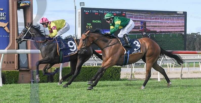 TICKET: Paul Perry's La Jolie Fille (left) winning at Wyong last year. Picture; Facebook via Bradley Photos