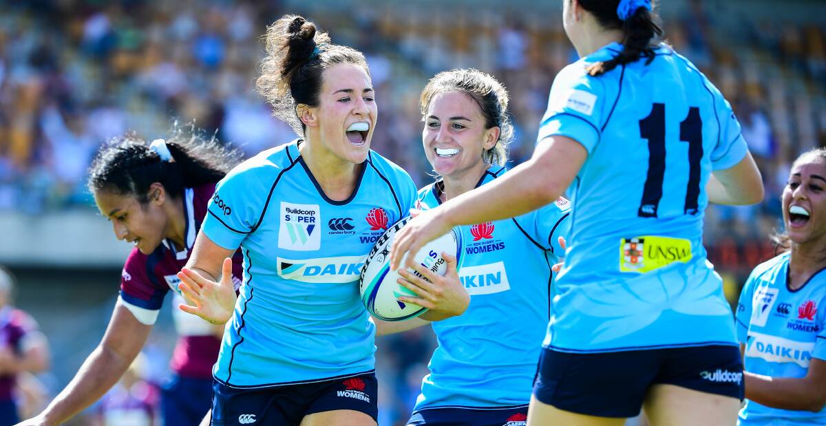 IN: Hunter pair Maya Stewart and Katrina Barker representing NSW in the Super W last month. The Waratahs players were both named in the Australian women's rugby union squad on Thursday. Picture: Rugby Australia media