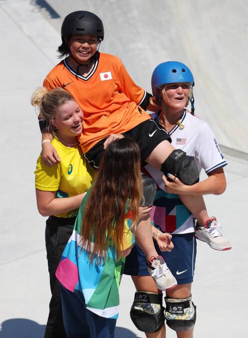 UPLIFTING: Newcastle skateboarder Poppy Starr Olsen (left) after the women's park final at the Tokyo Olympics on Wednesday. Picture: James Squire/Getty Images