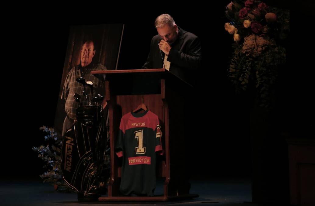 EMOTIONAL: Knights premiership-winning coach Michael Hagan delivering a tribute at Jack Newton's funeral service on Wednesday. Picture: Simone De Peak