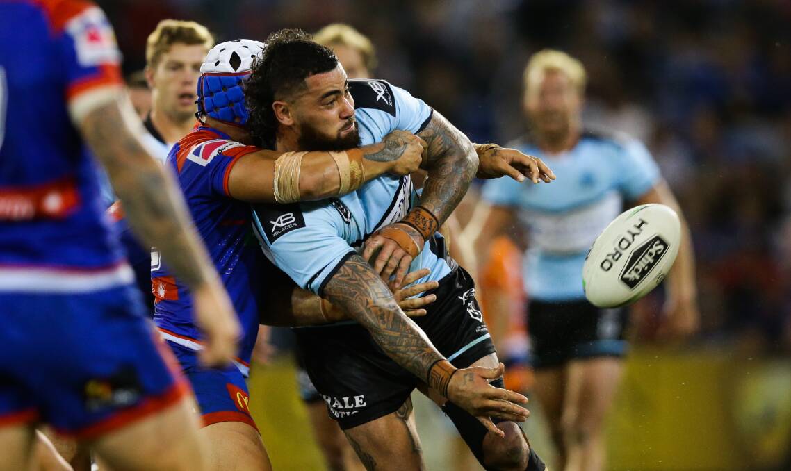 Andrew Fifita playing NRL for the Sharks against the Knights in Newcastle. Picture by Jonathan Carroll