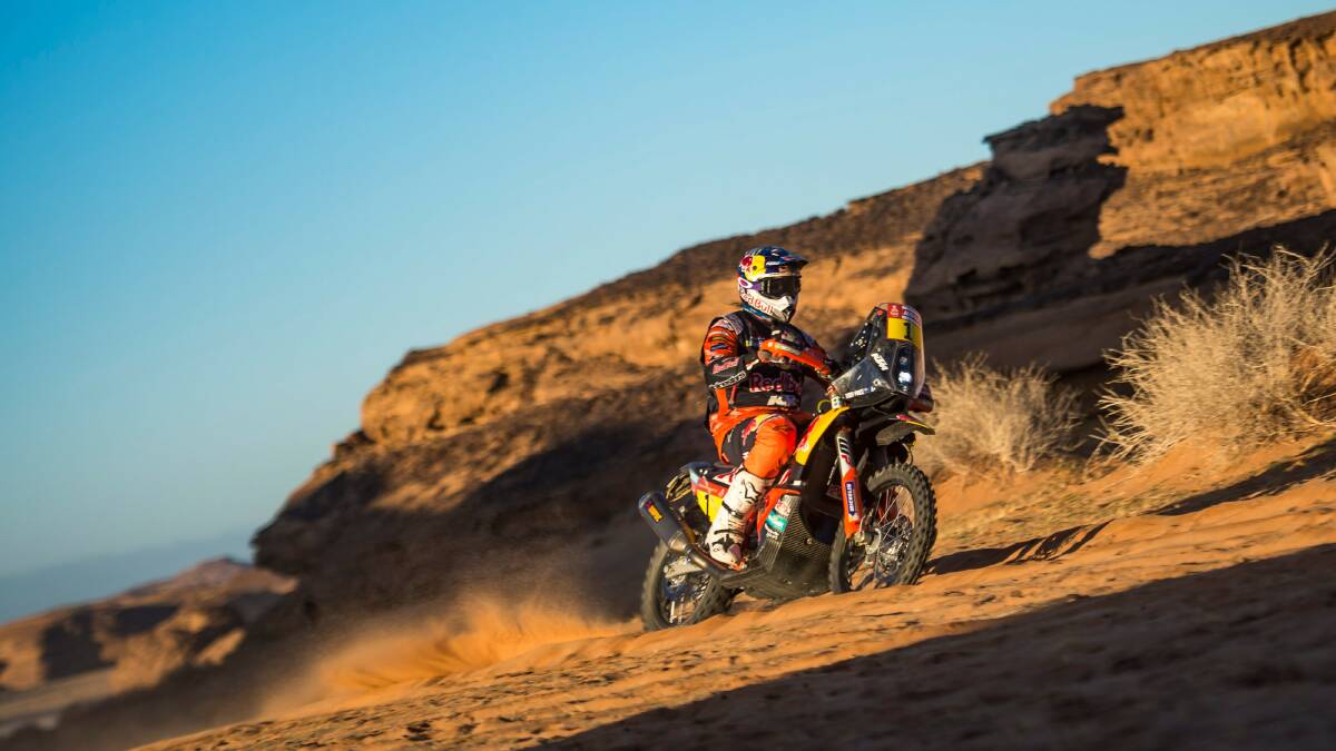 MOVING UP: Toby Price in action at the 2020 Dakar Rally on Thursday. Picture: Red Bull