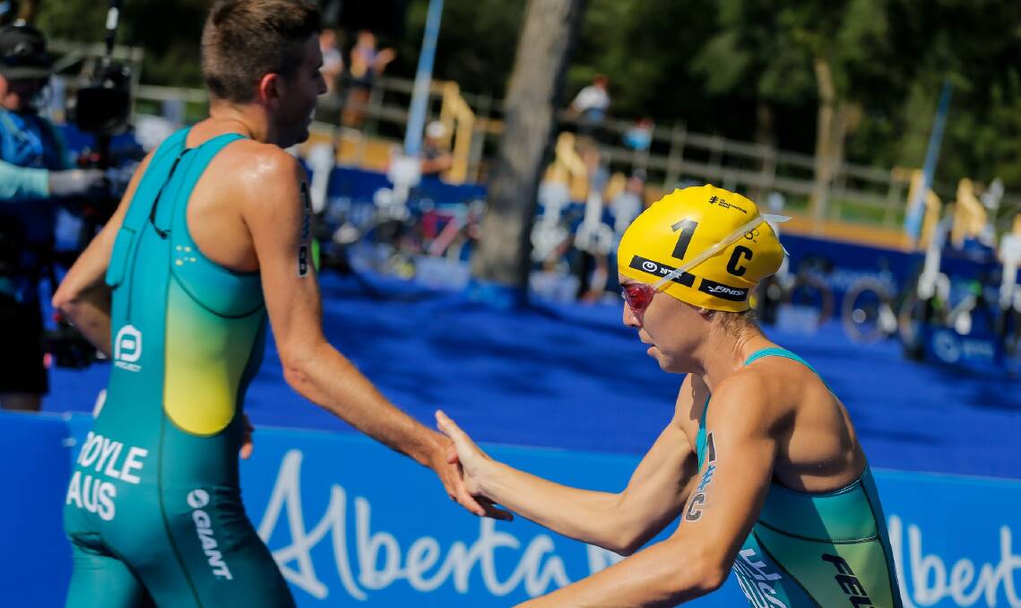 TAG: Australian pair Aaron Royle and Ashleigh Gentle during the mixed relay event in Canada on Monday (AEST). Picture: Wagner Araujo via ITU Media