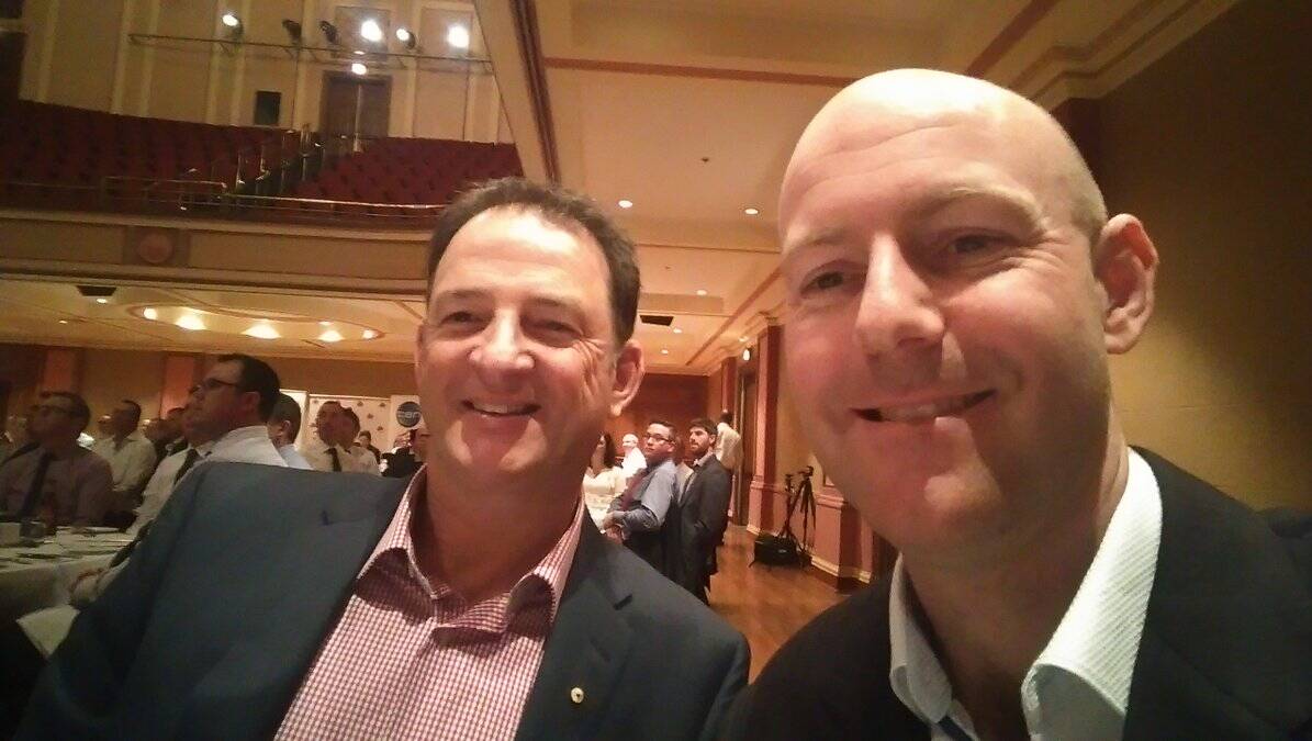 JUNIOR: Mark Waugh with Newcastle Business Club lunch host Jeremy Ryan. Picture: Twitter via @JRTheSportsGuy.