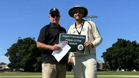 Charlestown all-rounder Daniel Chillingworth receives the Ken Clifford Medal after the weekend's NDCA first XI final. Picture by Josh Callinan
