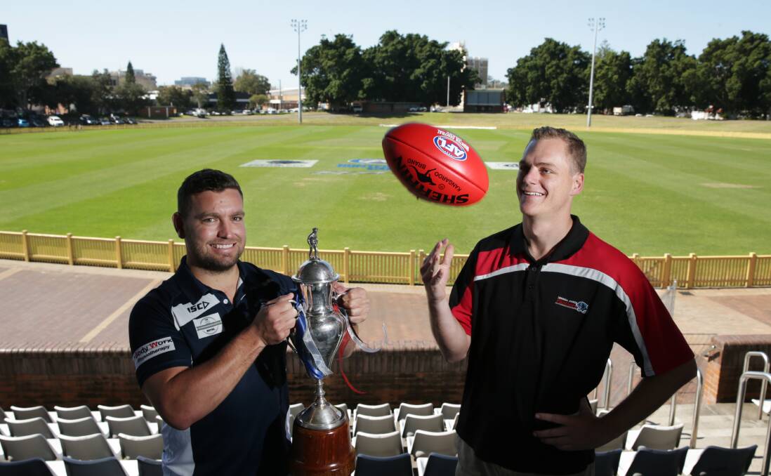 SHOWDOWN: Newcastle City captain Mitchell Knight and Terrigal Avoca representative Luke Bury at grand final venue No.1 Sportsground ahead of Saturday's Black Diamond Cup decider. It will be the fifth time since 2013 that the Blues and Panthers have gone head-to-head for the title. Picture: Simone De Peak