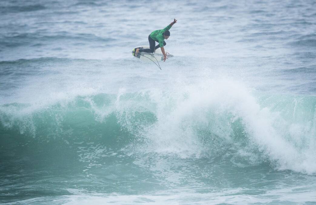 AIR TIME: Merewether's Morgan Ciblic surfing in Portugal in 2019. He underwent scans on a suspected broken toe and was "doing everything to ensure I can be out there" against John John Florence on Wednesday. Picture: WSL