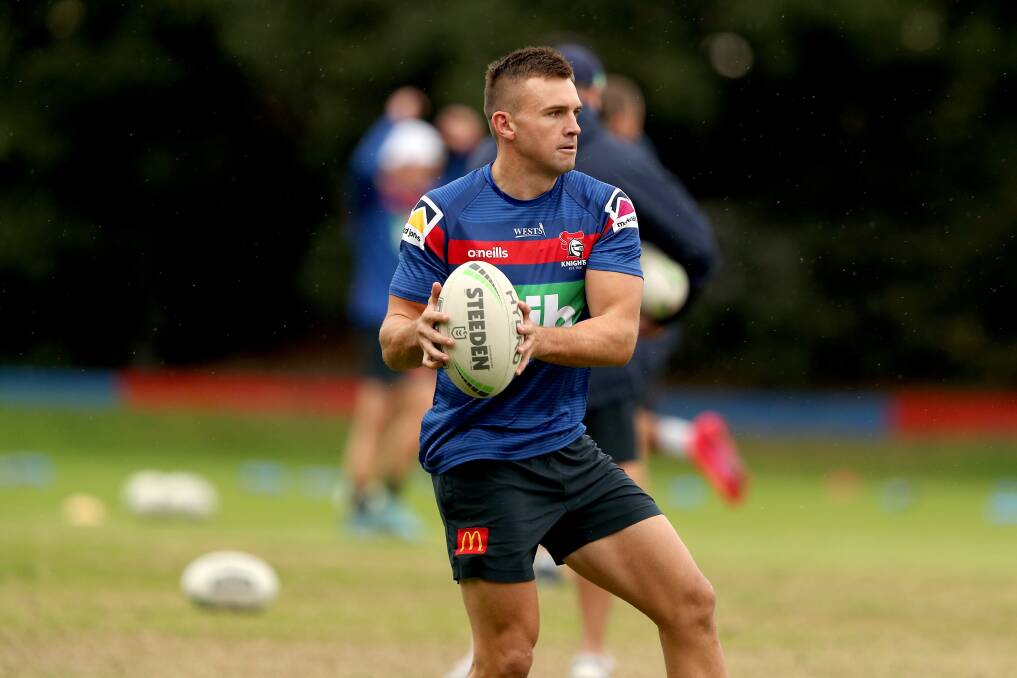 FIRST CHANCE: Lakes junior Chris Randall training with the Newcastle Knights ahead of his NRL debut on Sunday. Picture: NRL Imagery