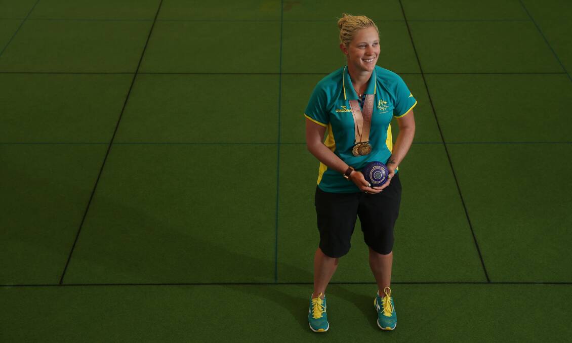 DOUBLE UP: Natasha Van Eldik at Raymond Terrace Bowling Club in 2018 after winning two gold medals at the Commonwealth Games. Picture: Simone De Peak