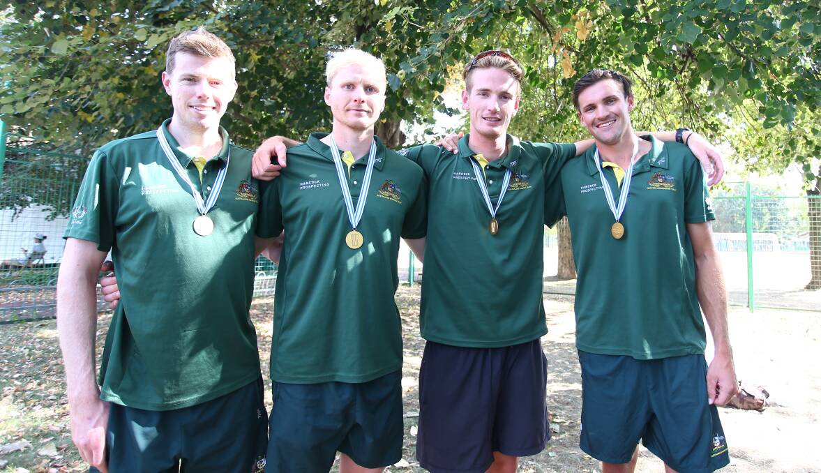 SET: Dungog's Spencer Turrin, second from left, with the Australian men's fours team. Picture: Rowing Australia
