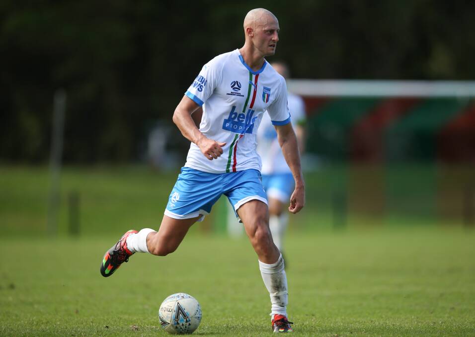 STRIKE: Aaron Oppedisano scored Chalrestown's opener against the Magpies at Cooks Square Park on Sunday with a well-timed volley from outside the 18-yard box. Azzurri took the lead but Maitland won 3-1. Picture: Marina Neil
