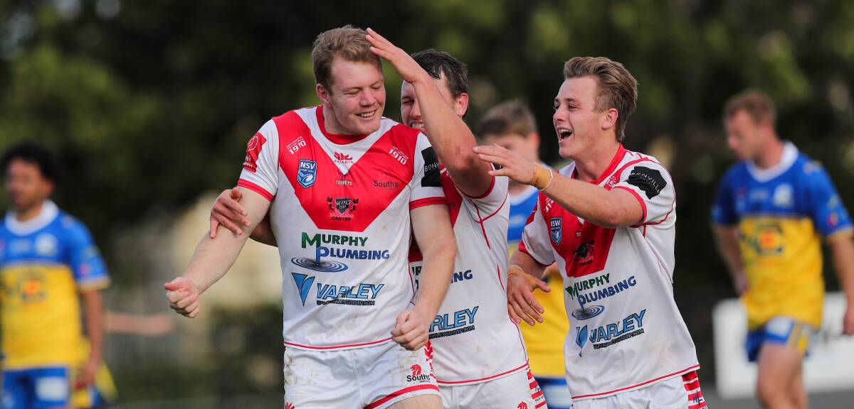 STRONG: Souths co-captain Ryan Glanville celebrates a try with teammates this year. Picture: Max Mason-Hubers