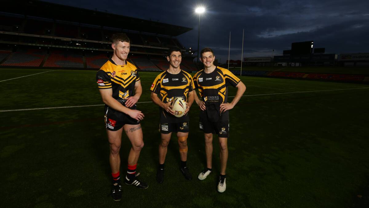 HOME GROWN: Cessnock's Connor Kirkwood, Nick Lawrence and Harry O'Brien ahead of Sunday's grand final. Picture: Jonathan Carroll
