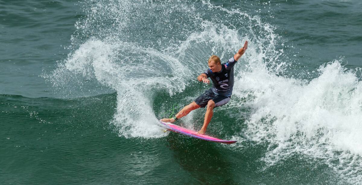 SHOT: Merewether's Jackson Baker surfing at the Newcastle Cup earlier this year. Picture: Max Mason-Hubers