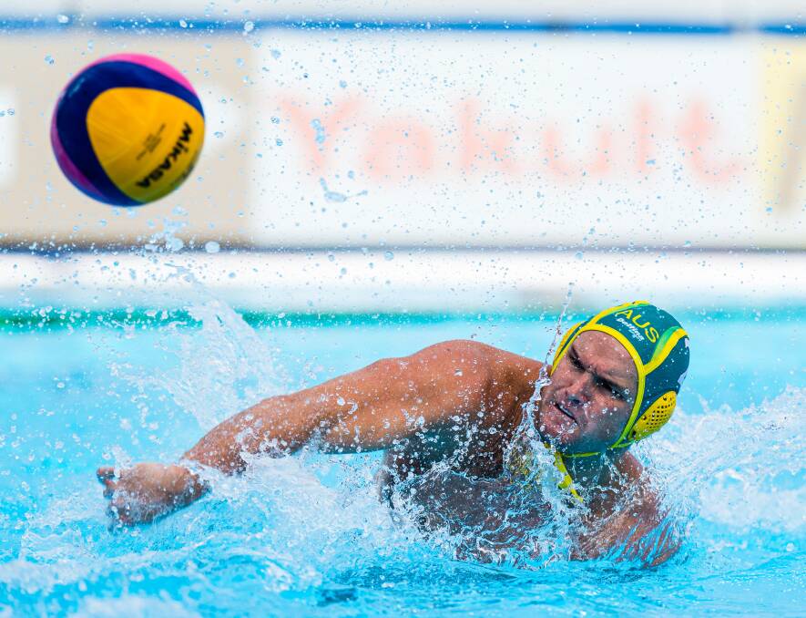 GOAL: Merewether's Richie Campbell representing the Sharks at this year's World Championships in South Korea. Picture: Supplied by Water Polo Australia
