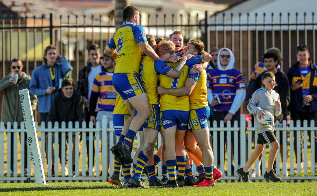 DIFFERENT DIRECTION: Lakes celebrate scoring a try in Saturday's 30-6 win over The Entrance at Cahill Oval. The Newcastle Rugby League match was Robbie Payne's last in charge of the Seagulls. Picture: Max Mason-Hubers