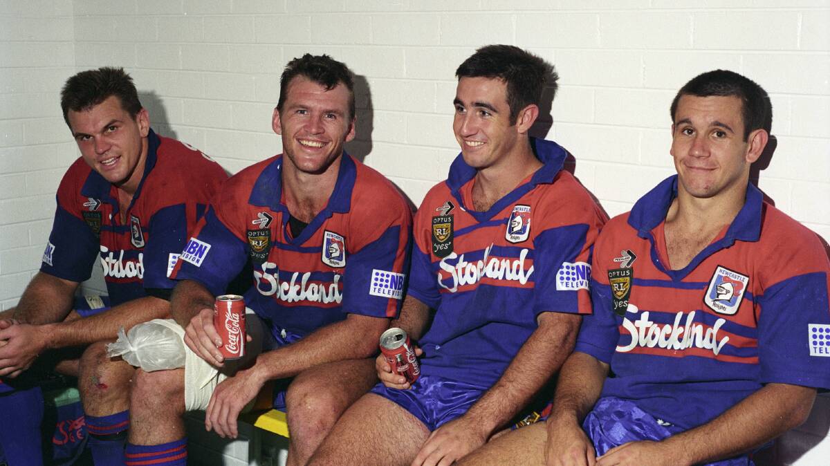 FLASHBACK: Newcastle Knights quartet Paul Harragon, Adam Muir, Andrew Johns and Matthew Johns in 1996. Picture: Ron Bell