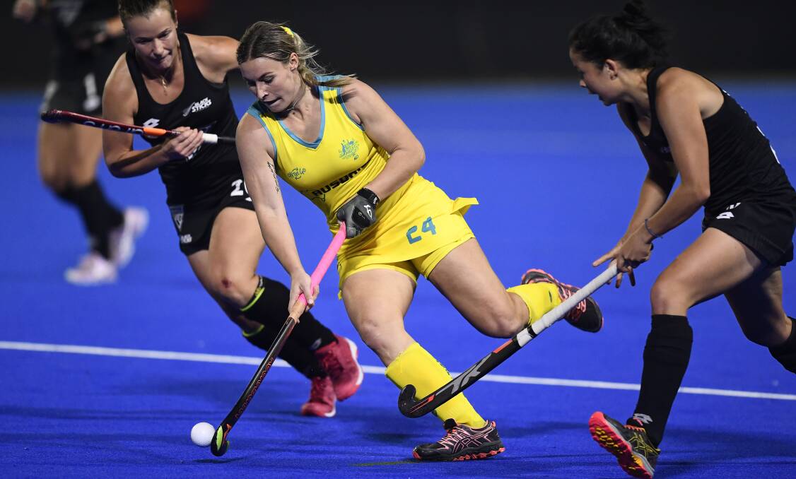 ATTACK: Mariah Williams playing for the Hockeyroos in Rockhampton last week. Picture: Getty Images