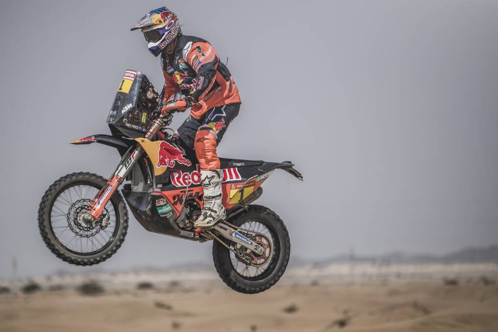 AIR TIME: Two-time Dakar Rally champion Toby Price, who grew up in Singleton and used to live in Maitland, riding in Saudi Arabia on Friday ahead of the 2020 race. Picture: Flavien Duhamel/Red Bull Content Pool