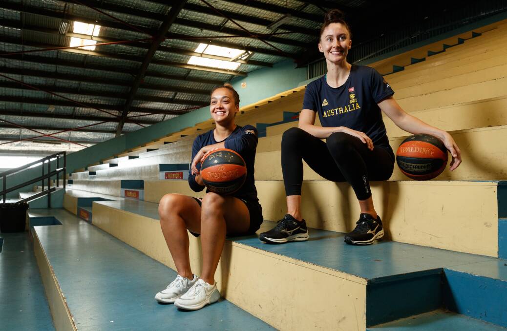 READY, SET, TOKYO: Opals representatives Leilani Mitchell and Katie Ebzery at Newcastle Basketball Stadium earlier this year. Picture: Max Mason-Hubers