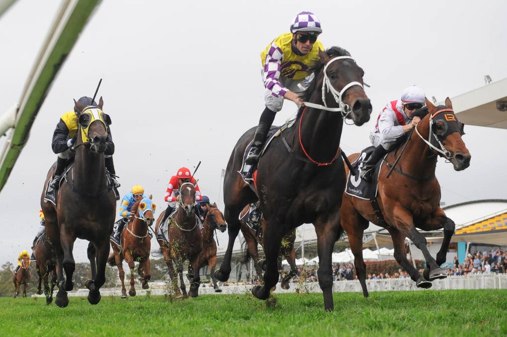 PODIUM: Graff (far right) finishing second to Lean Mean Machine (centre) in the group 2 Run To The Rose at Rosehill on Saturday. Jonker (left) was third. Picture: AAP  