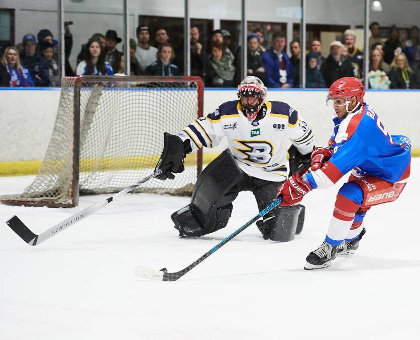 DOUBLE HEADER: Newcastle Northstars import Sammy Banga (right) in action against upcoming opponents Canberra Brave earlier in the Australian Ice Hockey League season. Picture: PowerPlay Photographics 