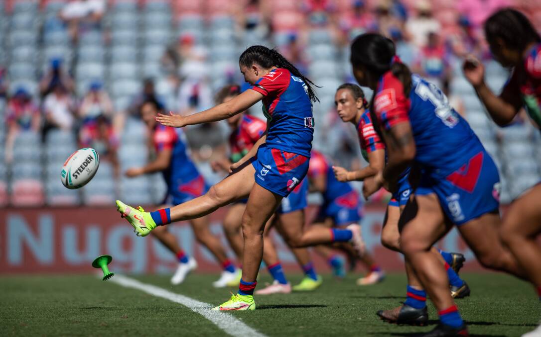 NEW SEASON: Romy Teitzel restarts for the Knights against the Dragons at McDonald Jones Stadium in March. Newcastle resume training this week ahead of the next NRLW campaign. Picture: Marina Neil