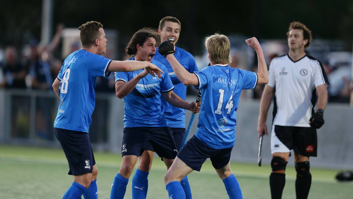 NSW Pride representative Rory Walker (second from left) playing for Norths in recent men's Hunter Coast Premier Hockey League grand final. Picture by Jpnathan Carroll