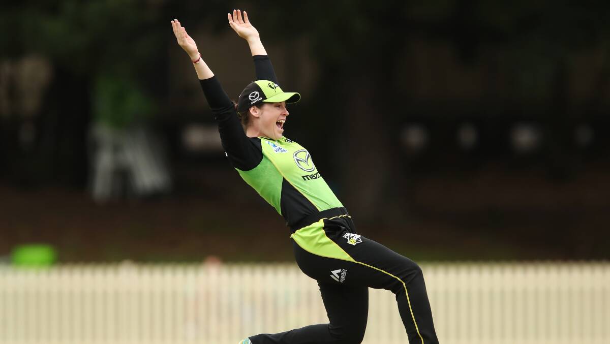 HANDS UP: Sydney Thunder leg-spinner Maisy Gibson celebrates after taking a WBBL wicket on January 6. Picture: AAP
