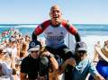 Kelly Slater chaired off at Margaret River Pro on Tuesday. Picture by World Surf League