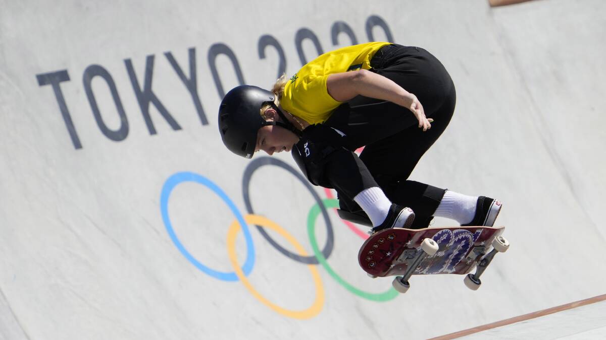 AIR TIME: Newcastle's Poppy Starr Olsen during women's park skateboarding at the Tokyo Olympics on Wednesday. Picture: Sipa USA