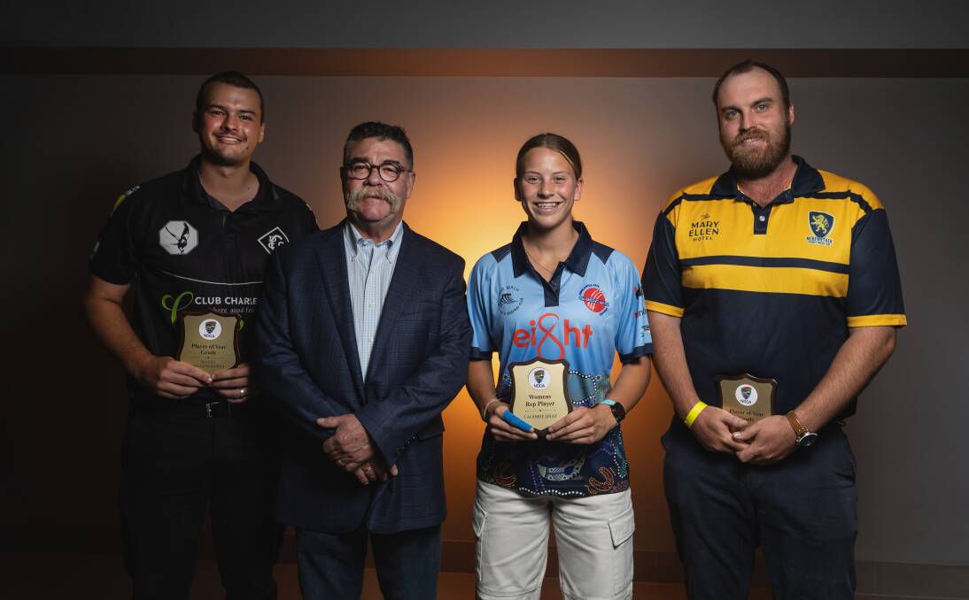 Daniel Chillingworth, David Boon, Caoimhe Bray and Josh Geary at Newcastle District Cricket Association's presentation on Friday. Picture by Marina Neil